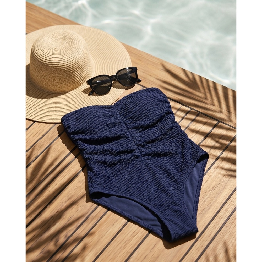Milly Navy Blue Textured Seersucker Ruched Bandeau One Piece Swimsuit New